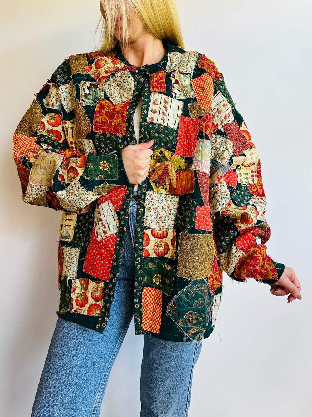 Handmade Quilted Patchwork Harvest Jacket Open Front Cardigan Cottage Country